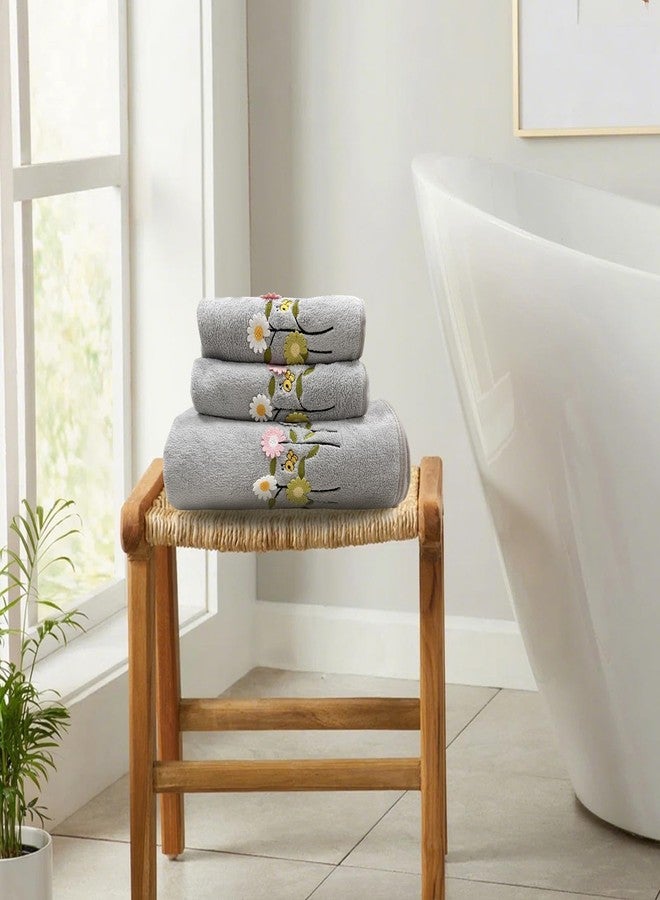 USTIDE Towels Set of 3 Embroidered Floral Pattern Absorbent Soft Decorative Towel for Bathroom (1 Bath Sheet Large Size+2 Gray Hand Towels) - Image 3