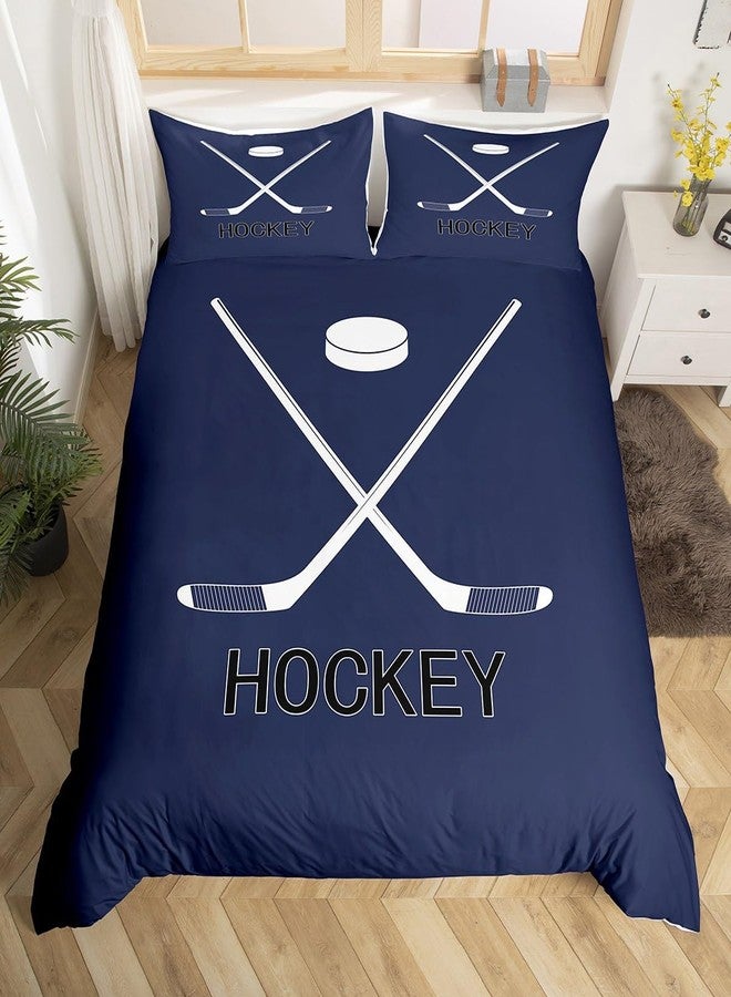Erosebridal Ice Hockey Duvet Cover Full, Ball Sports Gaming Bedding Set Ice Hockey Gifts For Boys, Equipments Stick And Puck Comforter Cover Winter Sports Games Quilt Cover With 2 Pillow Cases, Dark B