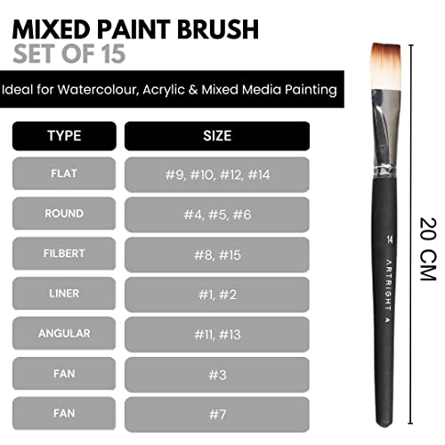 Artright Mix Artist Paintbrush Set of 15, Handmade Professional Brush for Acrylic, Watercolor & Gouache Painting, Best for Beginner & Professional, Flat, Fan, Round, Liner Brushes - Image 2