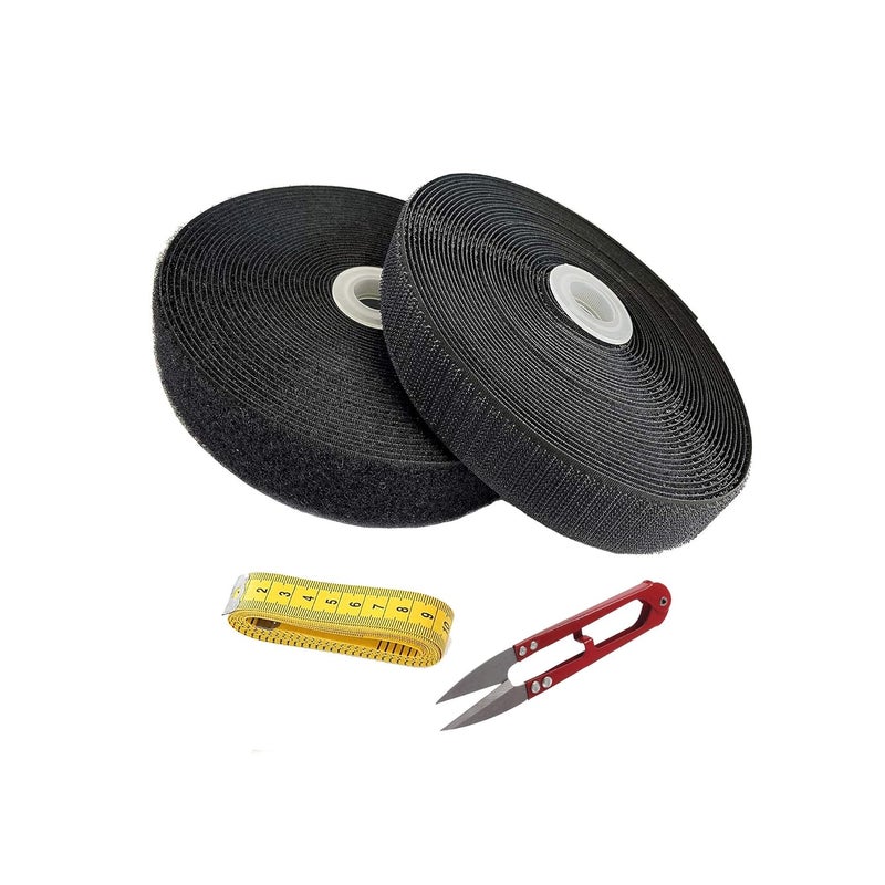 SAI PRASEEDA SAI PRASEEDA Premium Regular Hook 20MTS_Regular Loop 20MTS with Easy Removal Sticker 20mm_ 20 MTS or 66 Feets Black Color with Industrial Cutter_Measuring Tape SP4 