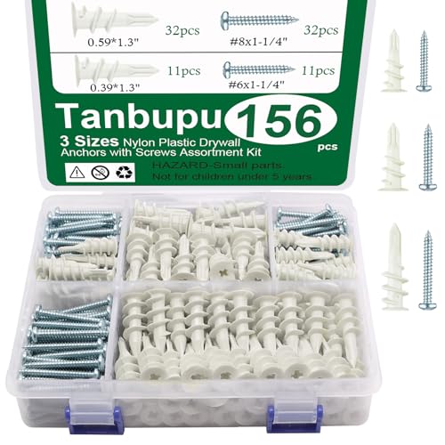 Tanbupu 156PCS Self Drilling Drywall Anchors and Screws for Drywall,3 Sizes Nylon Plastic Wall Anchors,13x42mm,15x33mm, 10x33mm,No Pre Drill Hole Preparation Required - Image 1