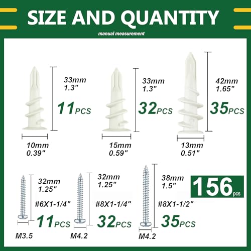 Tanbupu 156PCS Self Drilling Drywall Anchors and Screws for Drywall,3 Sizes Nylon Plastic Wall Anchors,13x42mm,15x33mm, 10x33mm,No Pre Drill Hole Preparation Required - Image 2