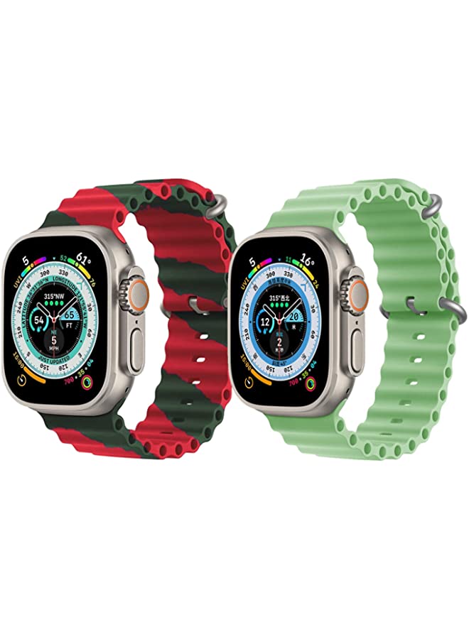 IAF Silicone Ocean Band Strap for Apple Watch Ultra 8 49mm Red/Green Double Line Strap with Mint Green Single Color Strap Set of 2