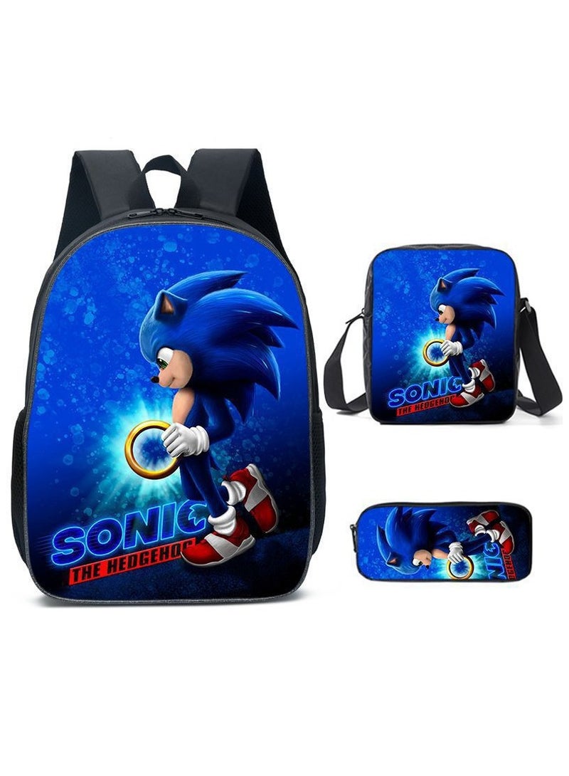 Sonic Primary School Backpack Cartoon Anime Backpack Messenger Bag Pencil Case Three-Piece Set 29*16*42cm