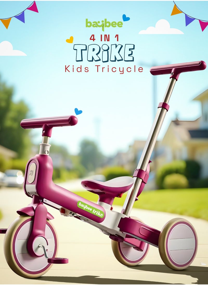 BAYBEE Novak 4 in 1 Convertible Baby Tricycle for Kids, Baby Kids Cycle with 3 Height Adjustable Parental Handle, Balance Bike & Bicycle Mode | Foldable Kids Tricycle Cycle for Kids 1.5 to 5 Years Pink  - Image 3