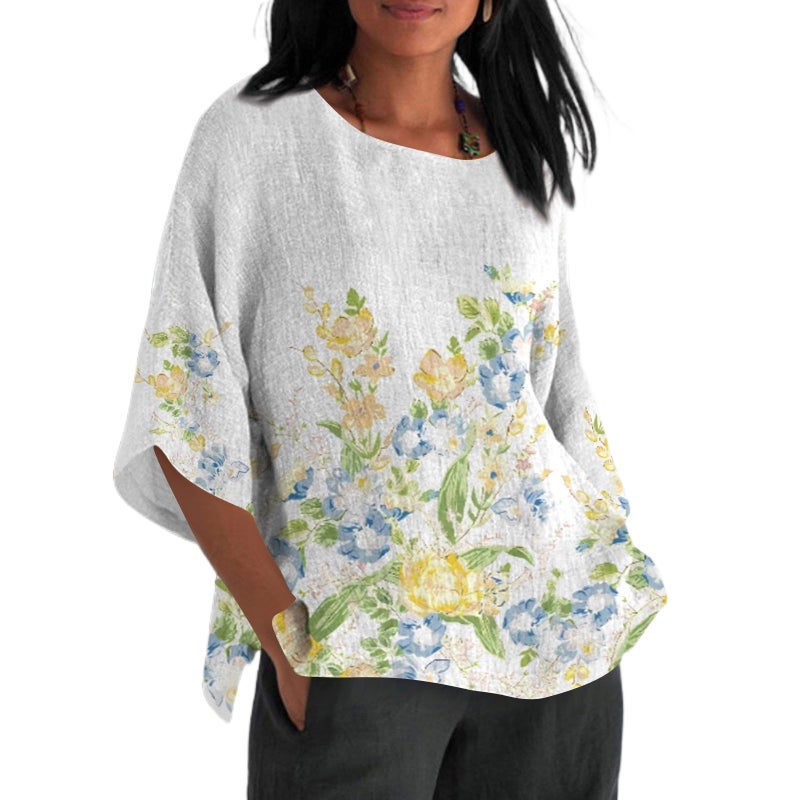 Independent Station New Arrival Seven-Point Sleeve Short-Sleeved T-Shirt Sunshine Floral Crewneck Short-Sleeved Casual Vacation T-Shirt - Image 3