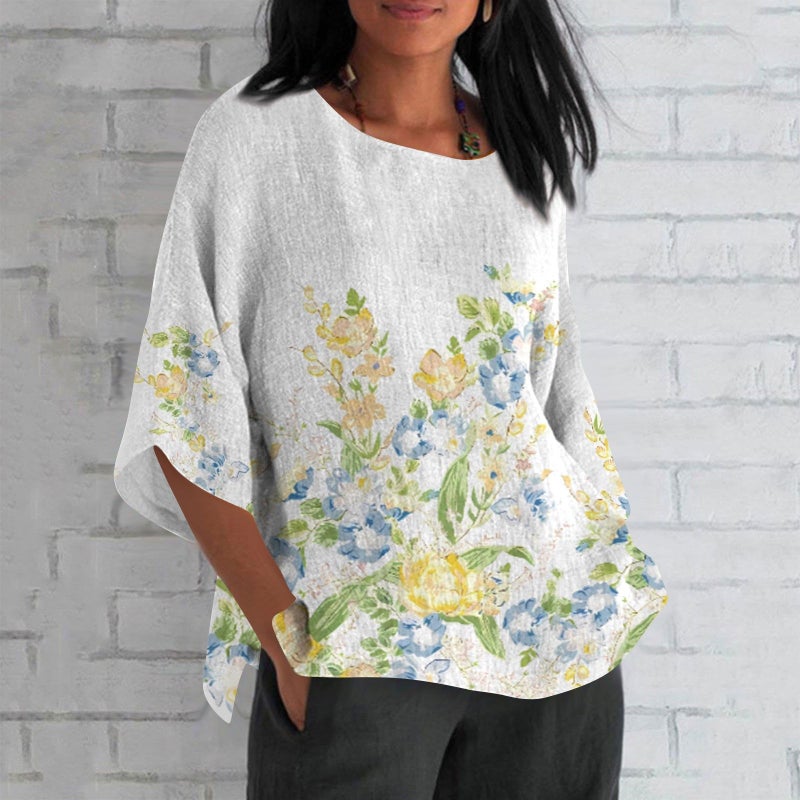 Independent Station New Arrival Seven-Point Sleeve Short-Sleeved T-Shirt Sunshine Floral Crewneck Short-Sleeved Casual Vacation T-Shirt - Image 2