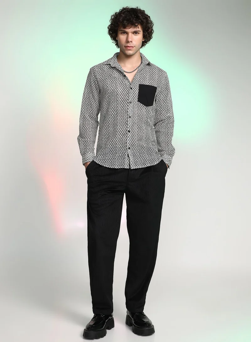 CAHOOT  Men's Onyx Black & Cream White Zig-Zag Block Shirt For Casual Wear | Spread Collar | Long Cuffed Sleeves | Button Closure | Shirt Crafted With Comfort Fit For Everyday Wear for Men | Best Price UAE