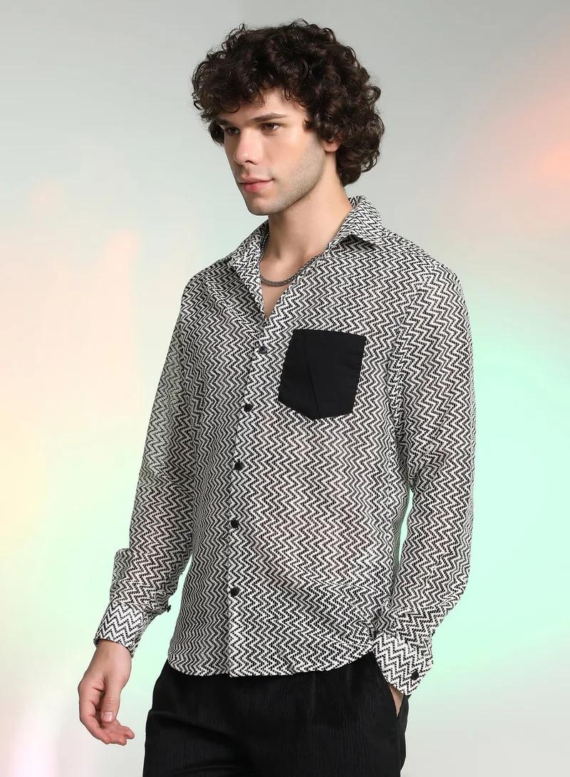 CAHOOT  Men's Onyx Black & Cream White Zig-Zag Block Shirt For Casual Wear | Spread Collar | Long Cuffed Sleeves | Button Closure | Shirt Crafted With Comfort Fit For Everyday Wear for Men | Best Price UAE