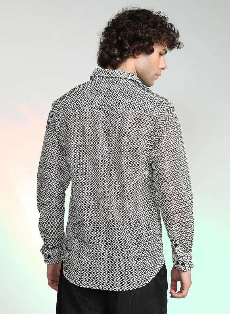 CAHOOT  Men's Onyx Black & Cream White Zig-Zag Block Shirt For Casual Wear | Spread Collar | Long Cuffed Sleeves | Button Closure | Shirt Crafted With Comfort Fit For Everyday Wear for Men | Best Price UAE