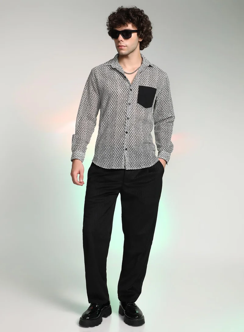 CAHOOT  Men's Onyx Black & Cream White Zig-Zag Block Shirt For Casual Wear | Spread Collar | Long Cuffed Sleeves | Button Closure | Shirt Crafted With Comfort Fit For Everyday Wear for Men | Best Price UAE