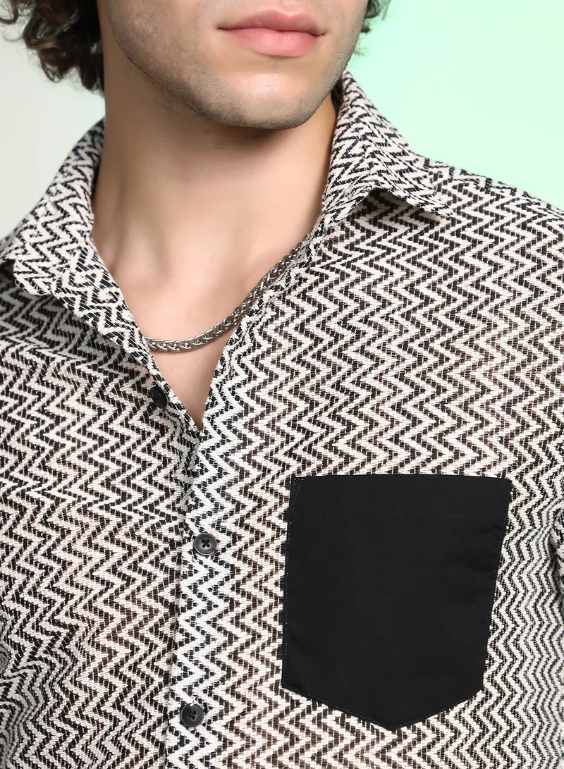 CAHOOT  Men's Onyx Black & Cream White Zig-Zag Block Shirt For Casual Wear | Spread Collar | Long Cuffed Sleeves | Button Closure | Shirt Crafted With Comfort Fit For Everyday Wear for Men | Best Price UAE