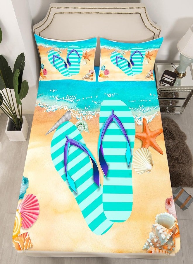 Homewish Stripes Flip Flop Fitted Sheet Queen Size Starfish Shell Bedding Set Summer Cool Sheet Set,Ocean Beach Bed Cover Ultra Soft Breathable Bedspread for Kids Teens Boys，No Flat Sheet - Image 1