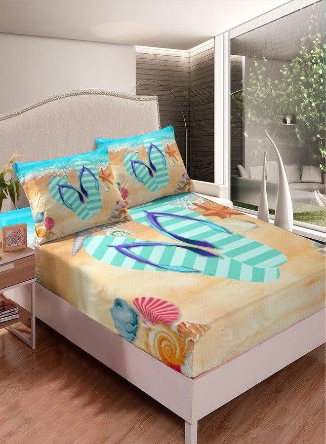 Homewish Stripes Flip Flop Fitted Sheet Queen Size Starfish Shell Bedding Set Summer Cool Sheet Set,Ocean Beach Bed Cover Ultra Soft Breathable Bedspread for Kids Teens Boys，No Flat Sheet - Image 2