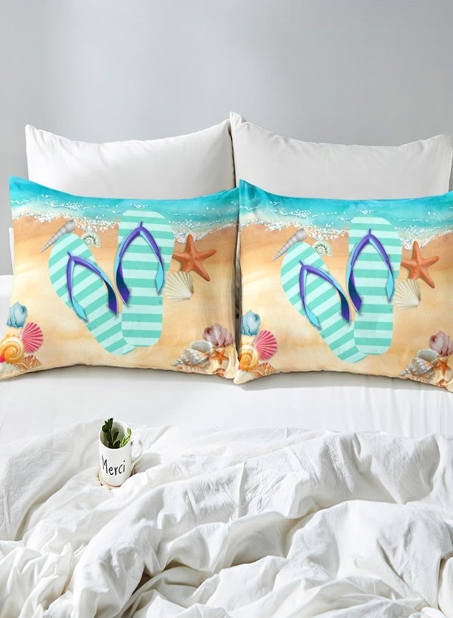 Homewish Stripes Flip Flop Fitted Sheet Queen Size Starfish Shell Bedding Set Summer Cool Sheet Set,Ocean Beach Bed Cover Ultra Soft Breathable Bedspread for Kids Teens Boys，No Flat Sheet - Image 5
