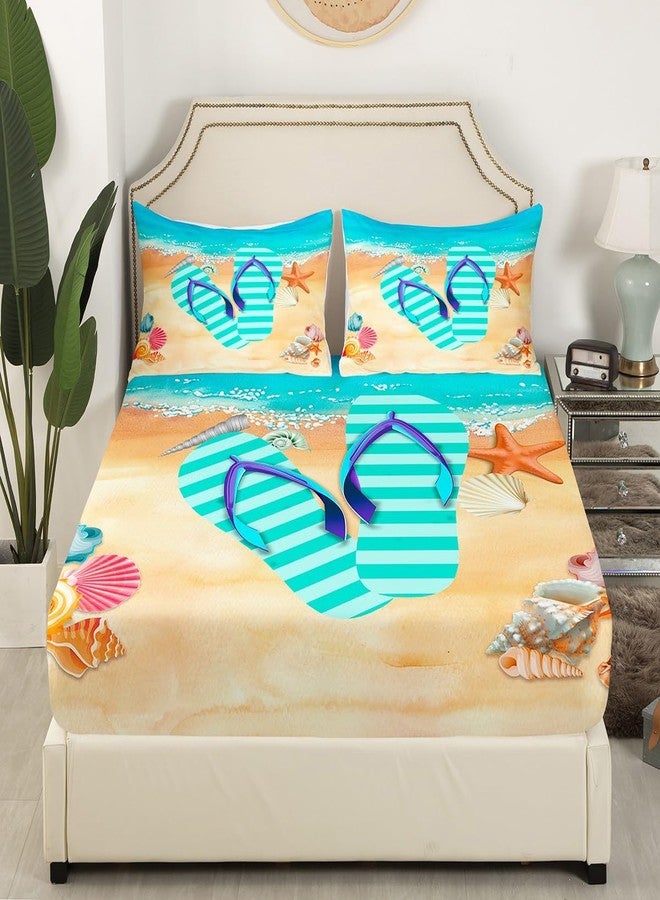 Homewish Stripes Flip Flop Fitted Sheet Queen Size Starfish Shell Bedding Set Summer Cool Sheet Set,Ocean Beach Bed Cover Ultra Soft Breathable Bedspread for Kids Teens Boys，No Flat Sheet - Image 3