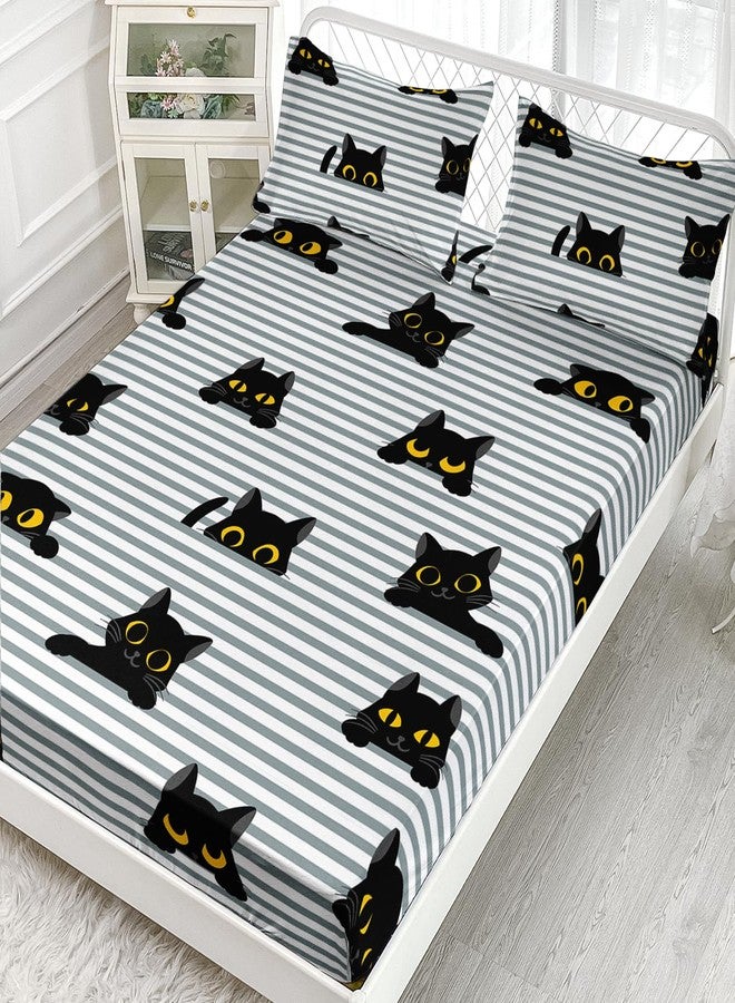 AILONEN Cat Fitted Sheet Set Twin Size,Black Cat Bed Sheet Set,Cute Black Cartoon Cats with Yellow Eyes Sheet Set,Boys Girls Gift Cat Lover Stripes Printed Fitted Sheet and 2 Pillowcases,3 Pieces - Image 2