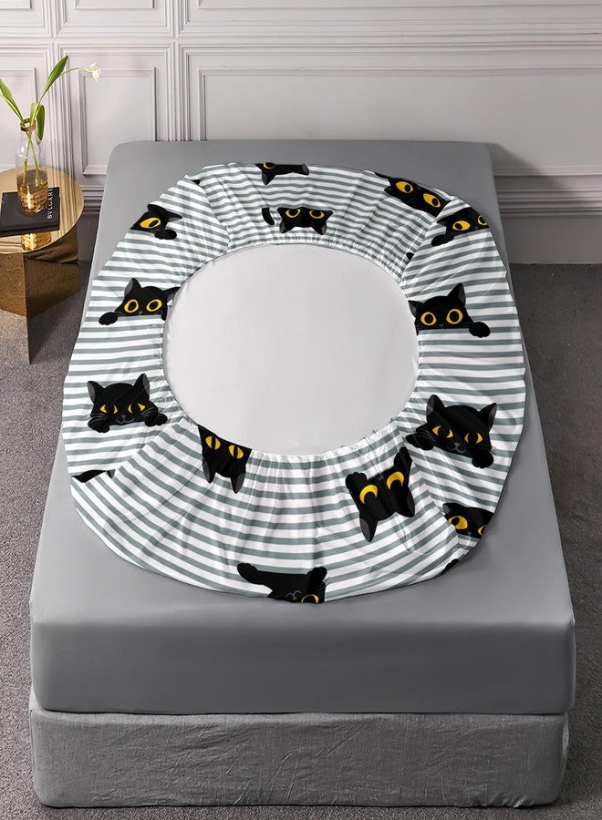 AILONEN Cat Fitted Sheet Set Twin Size,Black Cat Bed Sheet Set,Cute Black Cartoon Cats with Yellow Eyes Sheet Set,Boys Girls Gift Cat Lover Stripes Printed Fitted Sheet and 2 Pillowcases,3 Pieces - Image 5