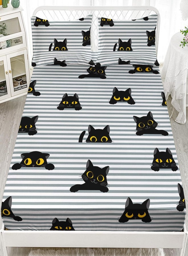 AILONEN Cat Fitted Sheet Set Twin Size,Black Cat Bed Sheet Set,Cute Black Cartoon Cats with Yellow Eyes Sheet Set,Boys Girls Gift Cat Lover Stripes Printed Fitted Sheet and 2 Pillowcases,3 Pieces - Image 1