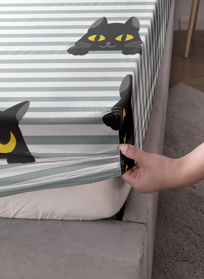 AILONEN Cat Fitted Sheet Set Twin Size,Black Cat Bed Sheet Set,Cute Black Cartoon Cats with Yellow Eyes Sheet Set,Boys Girls Gift Cat Lover Stripes Printed Fitted Sheet and 2 Pillowcases,3 Pieces - Image 4