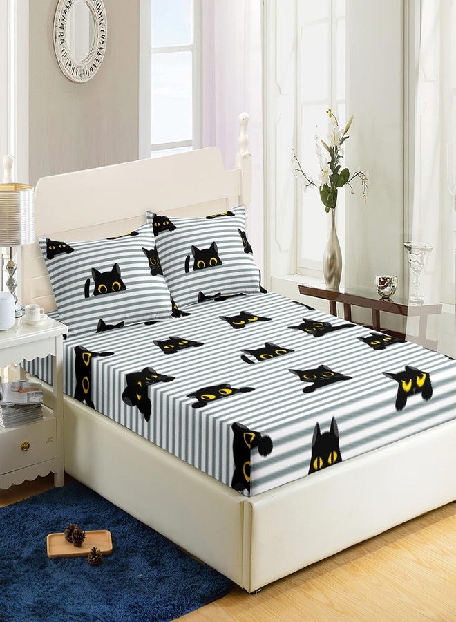 AILONEN Cat Fitted Sheet Set Twin Size,Black Cat Bed Sheet Set,Cute Black Cartoon Cats with Yellow Eyes Sheet Set,Boys Girls Gift Cat Lover Stripes Printed Fitted Sheet and 2 Pillowcases,3 Pieces - Image 3