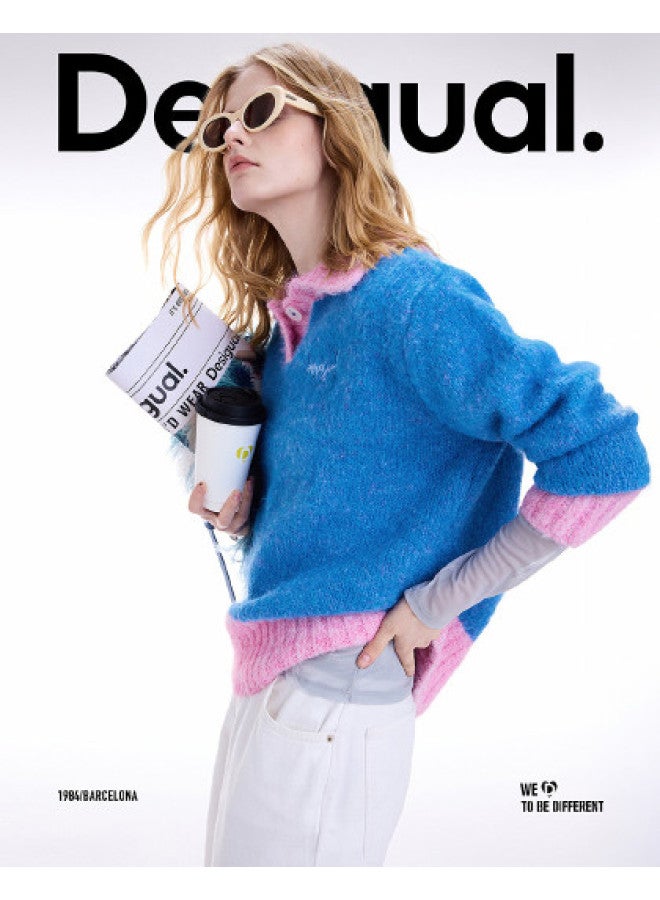 DESIGUAL [موضة إسبانية فاخرة] 25 وصول جديد لخريف وشتاء من سترة نسائية محبوكة من مزيج الصوف مع ياقة مطرزة بتصميم ألوان متباينة - Image 1
