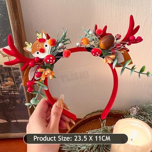 TLISMI Christmas Reindeer Antler Headband for Women & Girls | Cute Deer & Berry Floral Hair Band | Holiday Party, Xmas, Photo Props Accessory | Festive Geen Antlers with Decorative Leaves & Flowers - Image 3