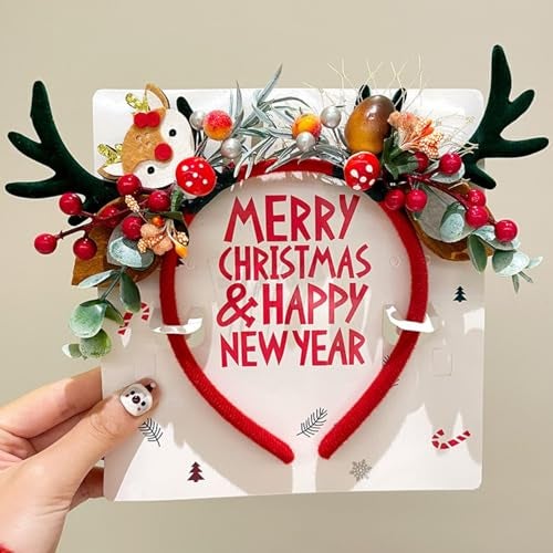 TLISMI Christmas Reindeer Antler Headband for Women & Girls | Cute Deer & Berry Floral Hair Band | Holiday Party, Xmas, Photo Props Accessory | Festive Geen Antlers with Decorative Leaves & Flowers - Image 5