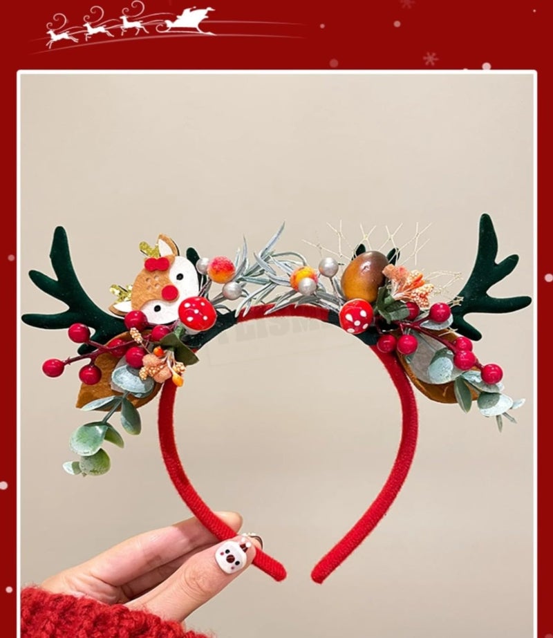 TLISMI Christmas Reindeer Antler Headband for Women & Girls | Cute Deer & Berry Floral Hair Band | Holiday Party, Xmas, Photo Props Accessory | Festive Geen Antlers with Decorative Leaves & Flowers - Image 2