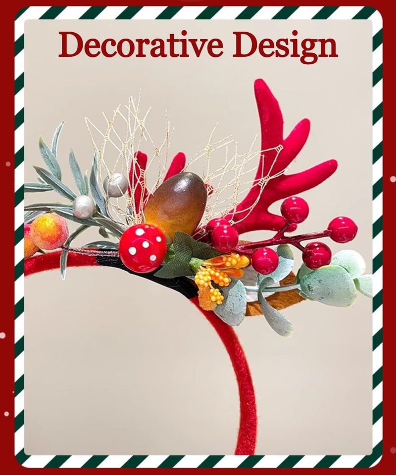 TLISMI Christmas Reindeer Antler Headband for Women & Girls | Cute Deer & Berry Floral Hair Band | Holiday Party, Xmas, Photo Props Accessory | Festive Geen Antlers with Decorative Leaves & Flowers - Image 4
