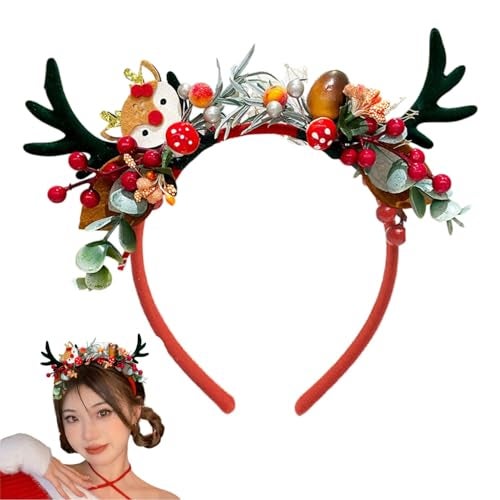 TLISMI Christmas Reindeer Antler Headband for Women & Girls | Cute Deer & Berry Floral Hair Band | Holiday Party, Xmas, Photo Props Accessory | Festive Geen Antlers with Decorative Leaves & Flowers - Image 1