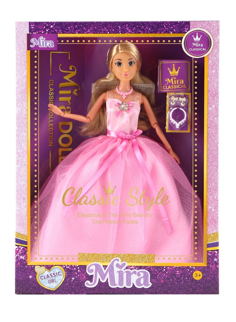 Mira Mira Fashion Classic Doll – 11.5” Poseable Doll in Elegant Pink Gown with Accessories – Stylish Princess Look – Perfect Gift for Girls - Image 1