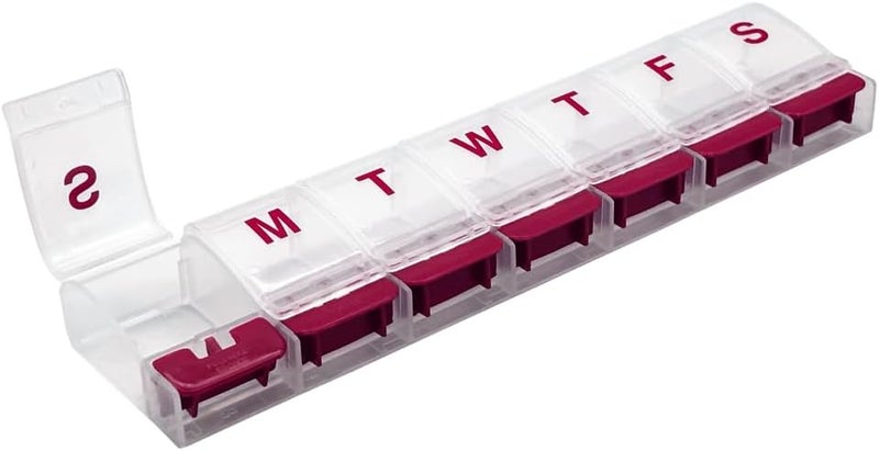 EZY DOSE Weekly (7-Day) AM/PM Pill Organizer, Vitamin Case, and Medicine Box, X-Large Compartments, Arthritis Friendly, Convenient and Easy to Use, Clear/Red, BPA Free