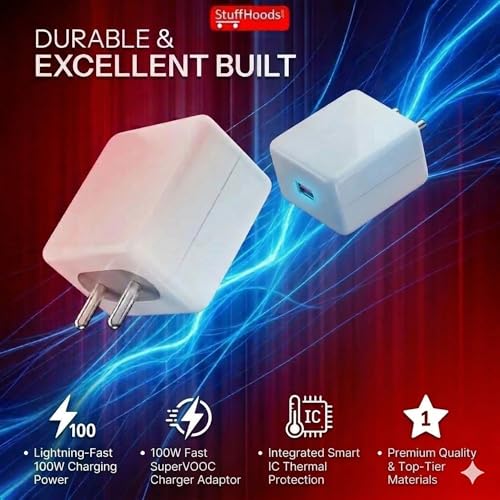 StuffHoods OneePlus 100W SUPERVOOC Fast Charger with Type-C Cable | 100w Charger OneePlus, Oppoo, Reallme, Honor, Redmi, Xiaomi, Poco, iQOO & All Type-C Phones | Supports Dash, Warp, Vooc, SuperVooc Charge - Image 3