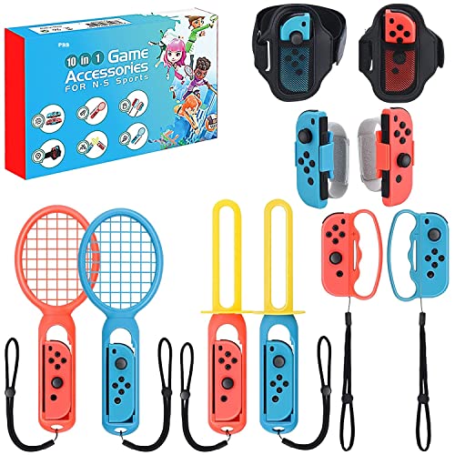 PSS Compatible with Nintendo Switch Sports Accessories Bundle, 10 in 1 Family Sports Game Accessories Kit for Switch OLED, Joycon Grip for Hand Strap & Leg Strap,Chambara,Bowling Grip and Tennis/Badminton Rackets - Image 1