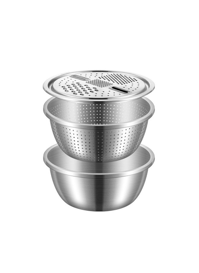 Generic - 304 Stainless Steel Basin Food Grade Thickened Grater Basin Rice Washing Sieve Kitchen Vegetable Washing Basin Draining Basin Egg Bowl With Lid-规格:304多用刨丝盆3件套-颜色:26cm - Image 1
