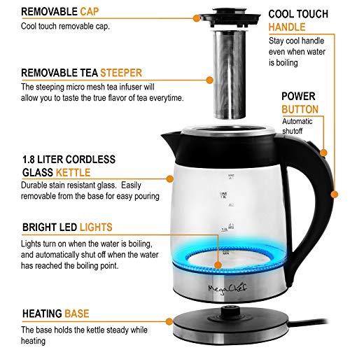 MegaChef 1.8Lt. Glass Body and Stainless Steel Electric Tea Kettle with Tea Infuser - Image 3