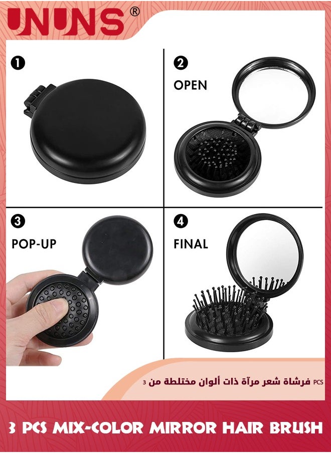 UNUNS مجموعة مشط ومرآة سفر قابلة للطي، 3 قطع مشط شعر صغير الحجم قابل للطي مع مرآة، فرشاة تدليك شعر مدمجة بجيب منبثق، مشط وسادة هوائية للنساء والفتيات  - Image 2