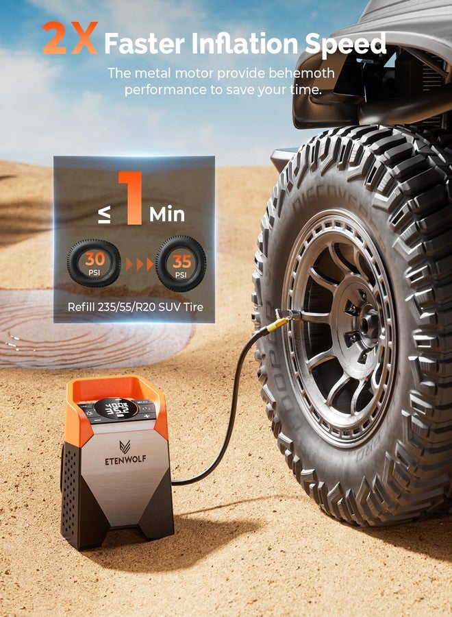 ETENWOLF Zephyr S5 Heavy-Duty Tire Inflator Portable Air Compressor, 160PSI &15600mAh Cordless Air Pump with LED Light for Car Tires, Bike, Motorcycle, Balls, Pickups (Vivid Orange) - Image 2