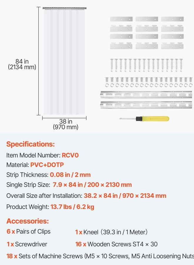 VEVOR ستارة شرائط PVC، ارتفاع 84" × عرض 38"، سمك 0.08"، 6 قطع شفافة، شرائط أبواب المجمد والمبرد، تداخل 50% - Image 2