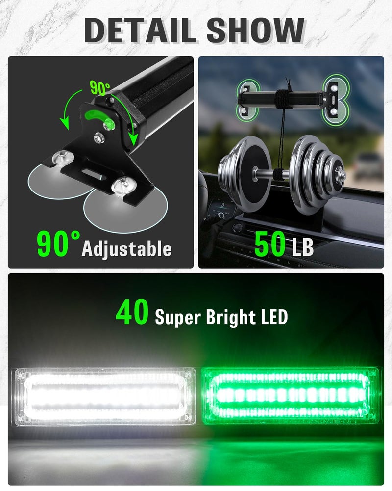 HLauto 1002L Emergency Strobe Traffic Advisor Light Bar: 40LED Dash Safety Warning Flashing Front/Rear Windshield Visor Light for Construction Vehicle, Trucks (2x10.7inch, Green White) - Image 5