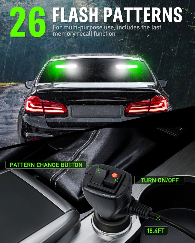HLauto 1002L Emergency Strobe Traffic Advisor Light Bar: 40LED Dash Safety Warning Flashing Front/Rear Windshield Visor Light for Construction Vehicle, Trucks (2x10.7inch, Green White) - Image 4