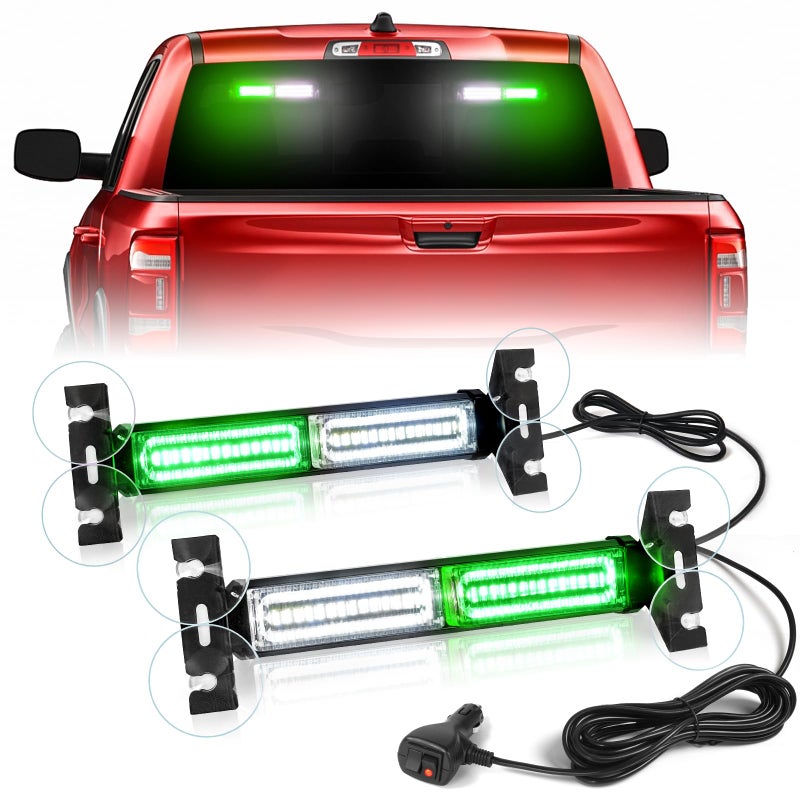 HLauto 1002L Emergency Strobe Traffic Advisor Light Bar: 40LED Dash Safety Warning Flashing Front/Rear Windshield Visor Light for Construction Vehicle, Trucks (2x10.7inch, Green White) - Image 1