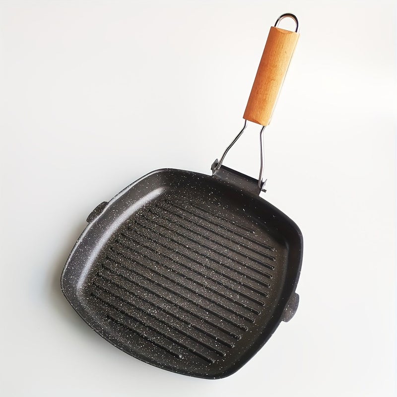Black Non-Stick Striped Cast Iron Steak Pan With Foldable Wooden Handle - Image 3