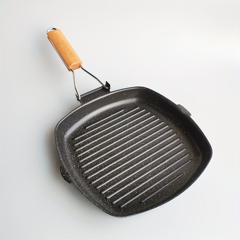 Black Non-Stick Striped Cast Iron Steak Pan With Foldable Wooden Handle - Image 1