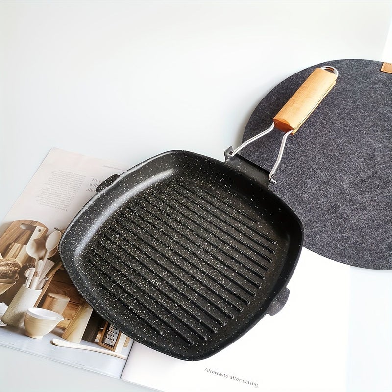 Black Non-Stick Striped Cast Iron Steak Pan With Foldable Wooden Handle - Image 4