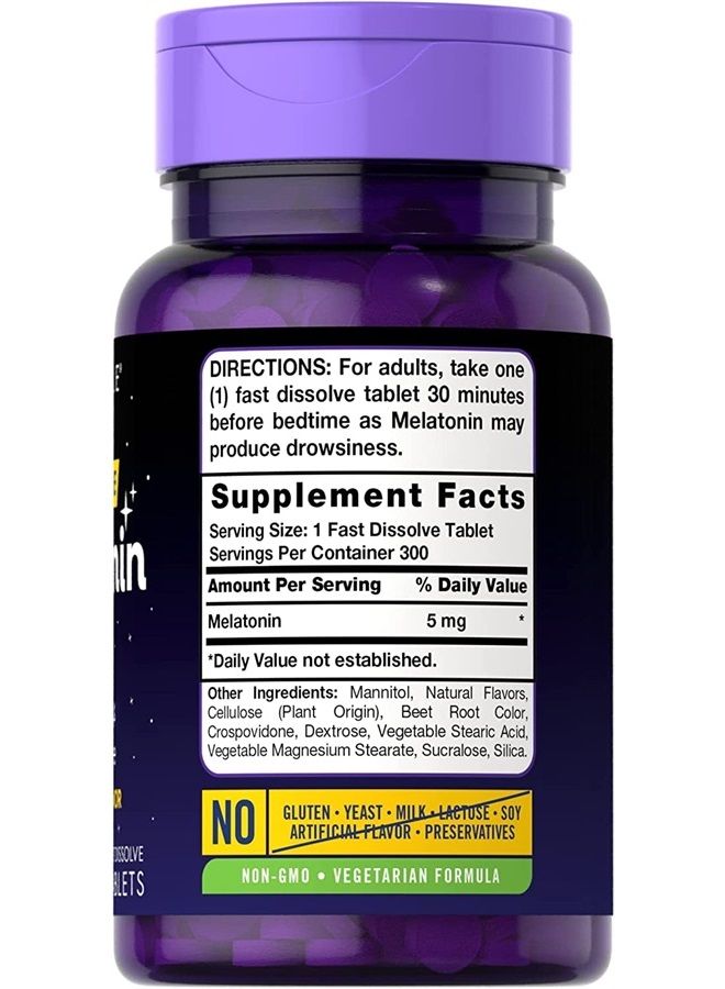 Melatonin 5 mg Fast Dissolve 300 Tablets | Natural Berry Flavor | Vegetarian, Non-GMO Supplement