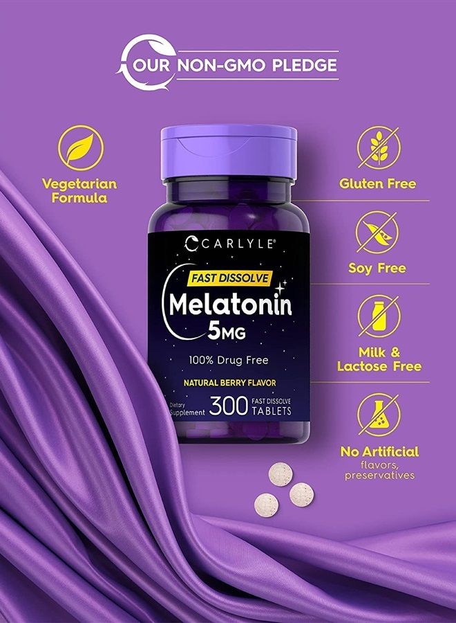 Melatonin 5 mg Fast Dissolve 300 Tablets | Natural Berry Flavor | Vegetarian, Non-GMO Supplement