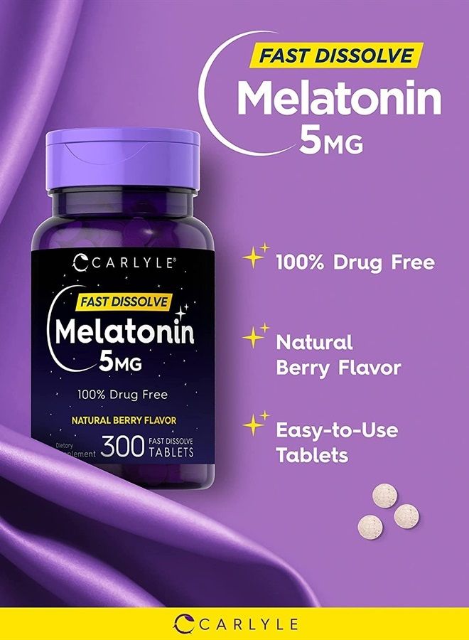 Melatonin 5 mg Fast Dissolve 300 Tablets | Natural Berry Flavor | Vegetarian, Non-GMO Supplement