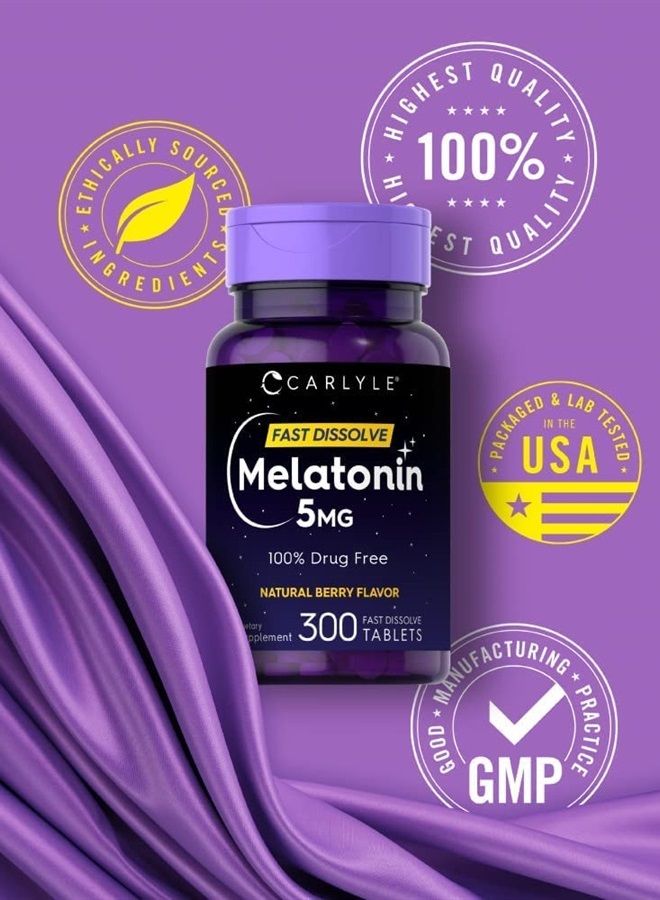 Melatonin 5 mg Fast Dissolve 300 Tablets | Natural Berry Flavor | Vegetarian, Non-GMO Supplement